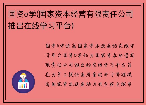 国资e学(国家资本经营有限责任公司推出在线学习平台)